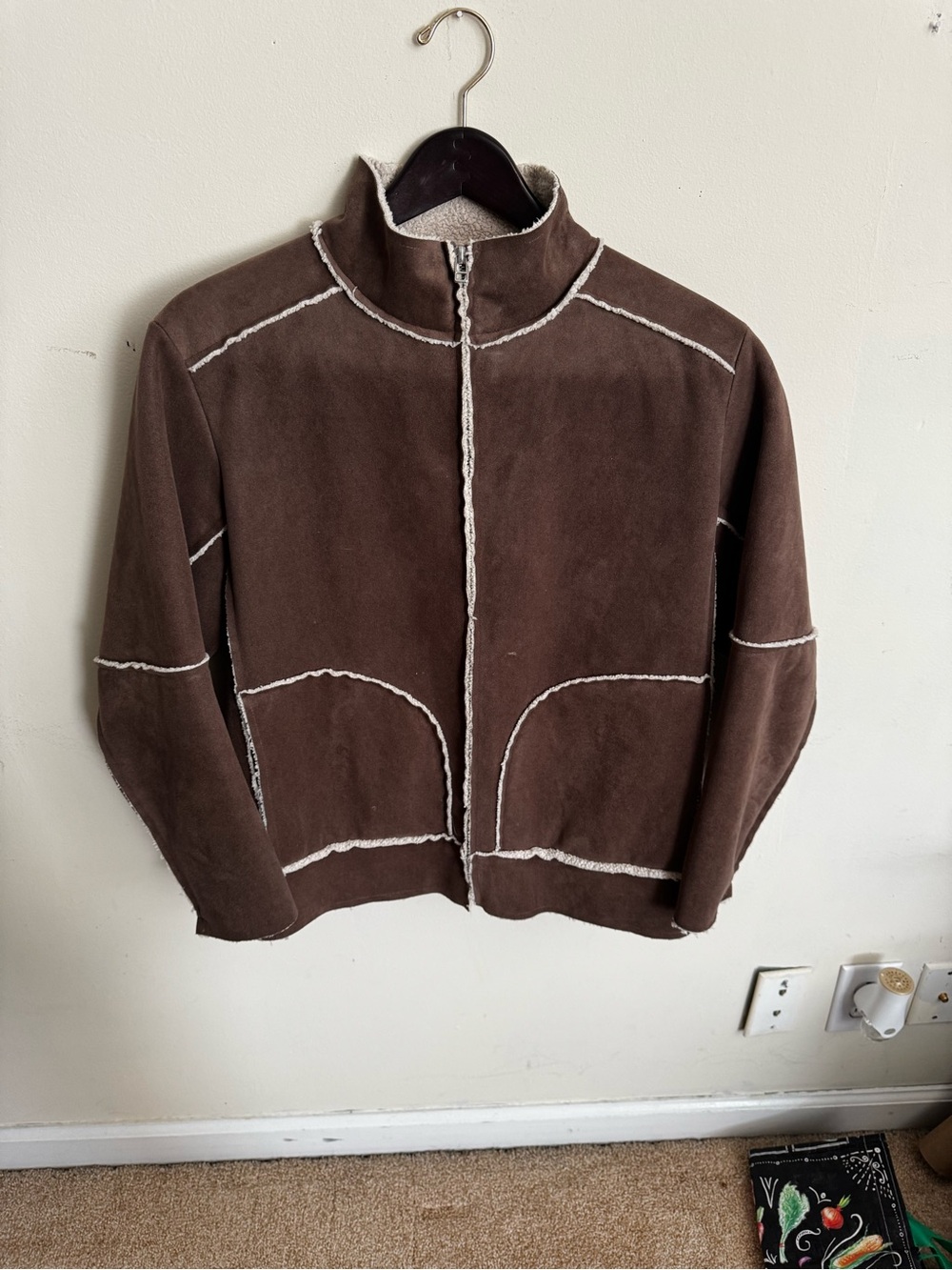 Velvet Brown Teddy Jacket with Cream Contrast Trim